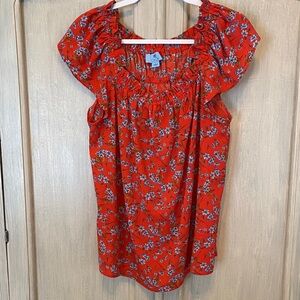 CeCe Bright Red Floral Ruffle Sleeve Blouse